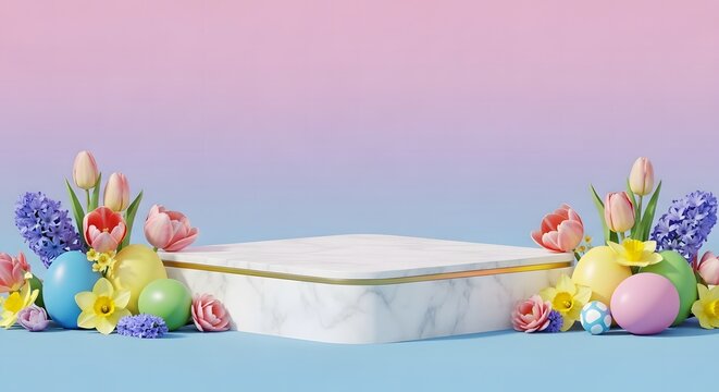 Modern easter podium with colorful floral pattern background for spring display