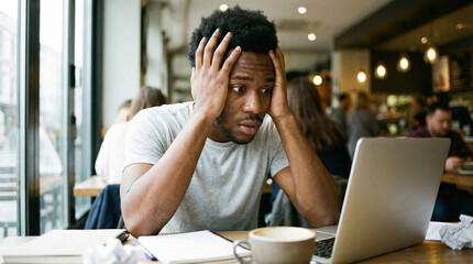 Obraz premium Headache and stress overwhelm man holding his head in pain while working at laptop in busy cafe
