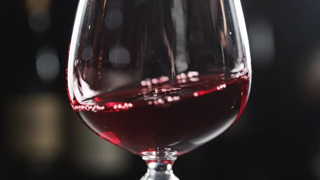 Red wine in glass with alcohol beverage drink pour and swirl splash closeup bokeh lights, elegant still life on dark bar background, rich crimson stemware for tasting dining romance