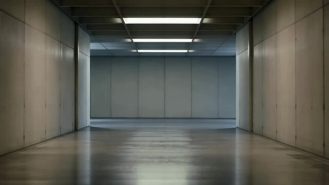 Dimly lit metallic corridor with flickering lights: eerie ambiance in a futuristic setting