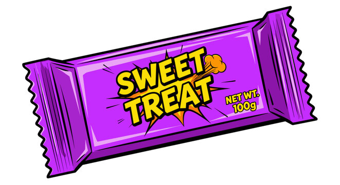 Sealed chocolate bar in vibrant purple packaging isolated on a clean white background, showcasing bold graphic design and playful typography
