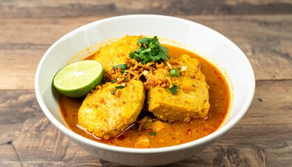Fototapeta premium A vibrant bowl of yellow curry with large pieces of protein, garnished with fresh herbs and crispy shallots, served with a lime wedge on a wooden table.