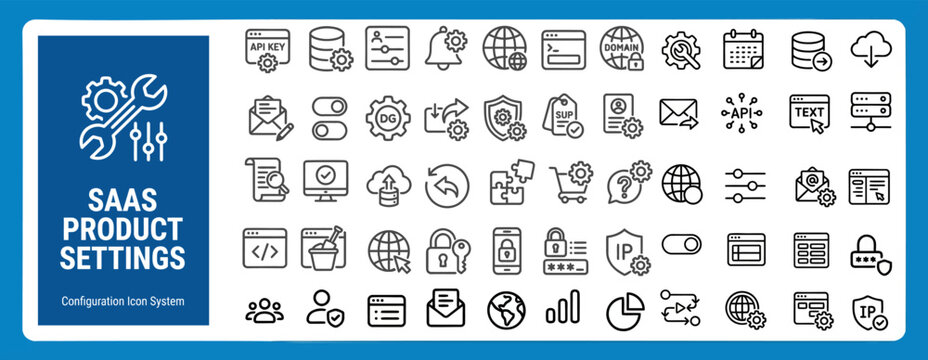 API and Backend Outline Vector Icon Set &mdash; System Configuration and Server Settings Editable Stroke Icons for Web and App UI