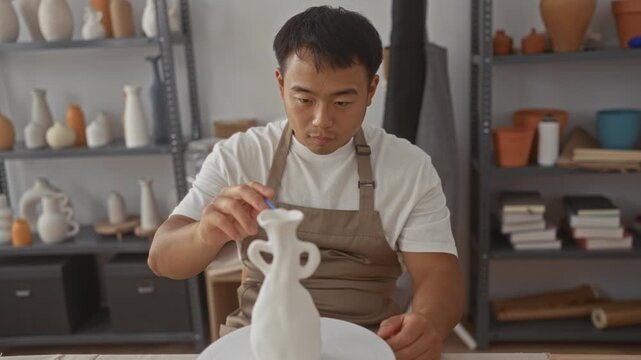 Man paints white porcelain vase with steady hand in studio workshop lined with pottery shelves; creativity.