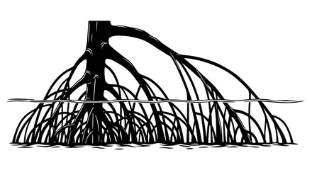Mangrove tree roots illustration, showing the intricate network above and below the waterline, essential for coastal ecosystems.