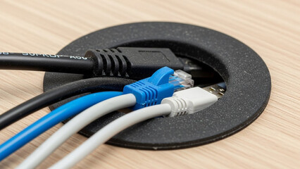 Ethernet Cables and Network Connectors Plugged into a Floor Outlet on a Wooden Surface