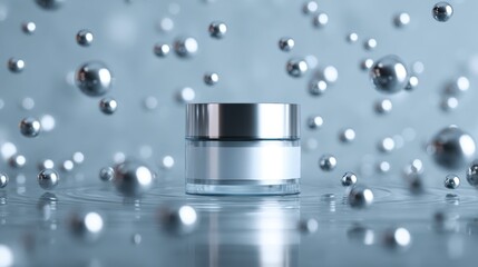 Futuristic Molecular Skincare Cream Surrounded by Shimmering Spheres
