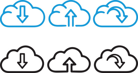 Cloud data transfer icons download upload and sync in two styles