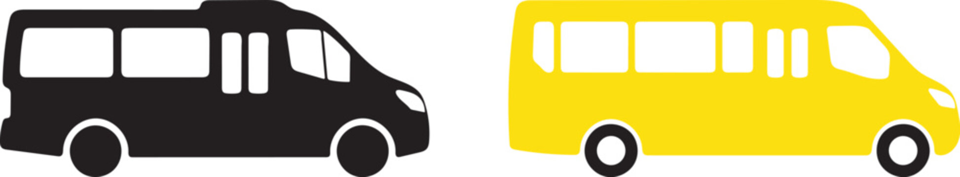 Black and yellow minibus shuttle bus icons vector illustration set