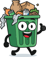 Cute Green Trash Bin Character Mascot with Thumbs Up Gesture Full of Rubbish Isolated on White Background for Recycling Awareness Environmental Sustainability and Waste Management