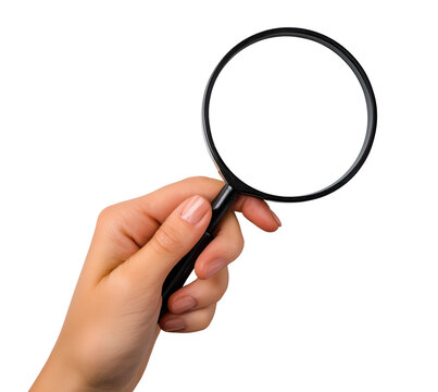 Hand holding magnifying glass with black frame, isolated on transparent background