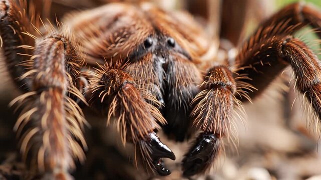 Macro close up of tarantula in focus during nature video.