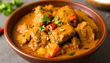 Fototapeta premium A close-up shot of a delicious, rich, and spicy meat curry served in a rustic brown bowl, garnished with fresh red chilies and green herbs.