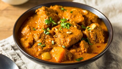 Fototapeta premium Delicious homemade Indian or Thai style curry with tender meat and vegetables, garnished with fresh herbs in a dark bowl on a rustic surface.
