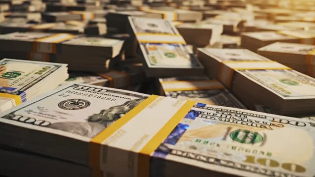 A massive stack of paper currency and a heap of hundred dollar banknotes fill a box to symbolize wealth, success, and a major financial investment in the global banking market