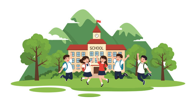 Group of diverse school children jumping joyfully on the grass in front of their school building with mountains behind.