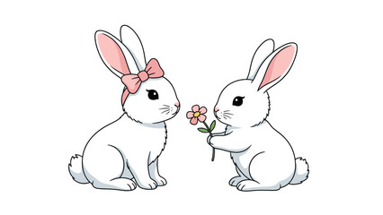 Obraz premium Two cute white bunnies sitting together where one bunny is giving a small pink flower to the other on a plain white background for kids art.