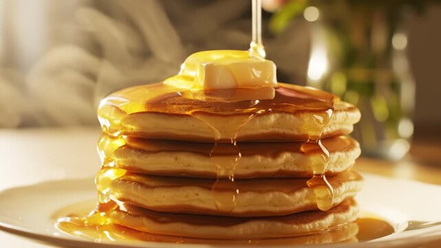Warm golden closeup pancake stack on white plate, butter melting under syrup pour, sweet drizzle, rising steam, fluffy homemade breakfast in morning sunlight, comfort brunch still life