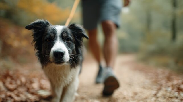 Border collie enjoying a walk on a leash with its owner in a beautiful autumn forest, creating a heartwarming scene of companionship and outdoor adventure