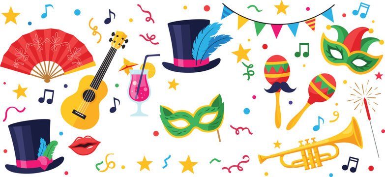 Carnival festival set with party masks guitar maracas trumpet and confetti cad drawing flat vector illustration