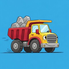 Naklejka premium Cartoon Dump Truck Hauling Rocks on Blue Background.