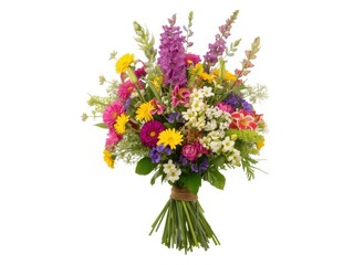 Vibrant bouquet of colorful flowers wrapped in natural twine for cheerful decoration.