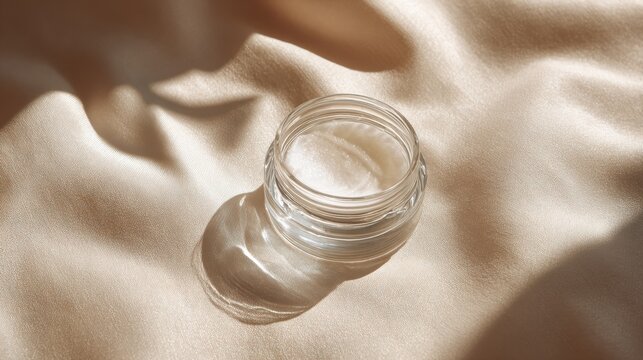 Tranexamic Acid Serum in Glass Jar on Soft Satin Fabric Surface