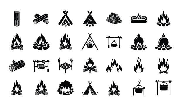Black Line Collection Of Camping Fire Logs Grills And Outdoor Cooking