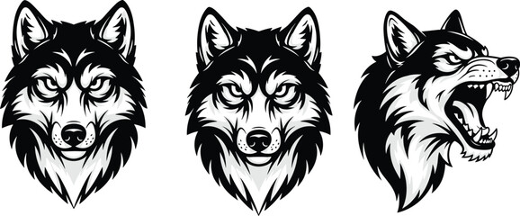 Aggressive Wolf Head Vector Illustration Set Featuring Fierce Alpha Male Predators and Growling Wild Animal Silhouettes for Sports Mascot Logos and Tribal Tattoo Designs © Moyuri