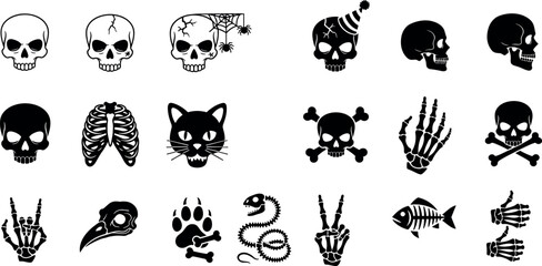 Fototapeta premium Halloween Skull and Skeleton Silhouette Icon Set Featuring Human Bones Animal Skulls and Spooky Hand Gestures Vector Collection