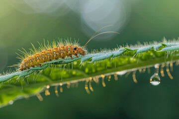 Fototapeta premium A close-up of a yellow spiky caterpillar crawling on a green leaf with water droplets, showcasing fine details and natural textures.