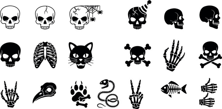 Halloween Skull and Skeleton Silhouette Icon Set Featuring Human Bones Animal Skulls and Spooky Hand Gestures Vector Collection