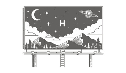 Night Sky Mountain Billboard With Crescent Moon And Saturn Silhouette Scene © AIGen Studio