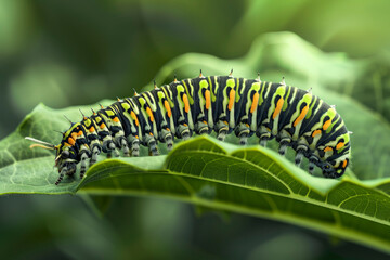 Fototapeta premium A close-up of a colorful caterpillar with yellow, black, and orange markings resting on a green leaf.