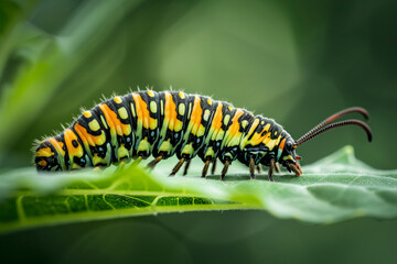 Naklejka premium A colorful, black, yellow, and green caterpillar crawls along a green leaf with a blurred natural background.
