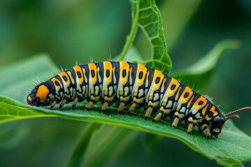 Naklejka premium A vibrant caterpillar with striking black, yellow, and orange markings crawls on a green leaf, showcasing nature