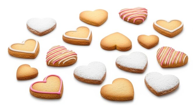Galletas de coraz&oacute;n variadas, dulces galletas de mantequilla con forma de coraz&oacute;n, surtido de galletas decoradas con az&uacute;car glas y glaseado rosa, postres rom&aacute;nticos para San Valent&iacute;n y