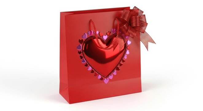 Bolsa de regalo roja brillante con lazo decorativo, coraz&oacute;n met&aacute;lico y borde de corazones peque&ntilde;os, ideal para San Valent&iacute;n y aniversarios rom&aacute;nticos