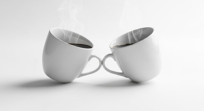 Dos tazas de caf&eacute; humeantes blancas, dise&ntilde;o minimalista y moderno, concepto de conexi&oacute;n y pausa para el caf&eacute;, ideal para publicidad de bebidas calientes.