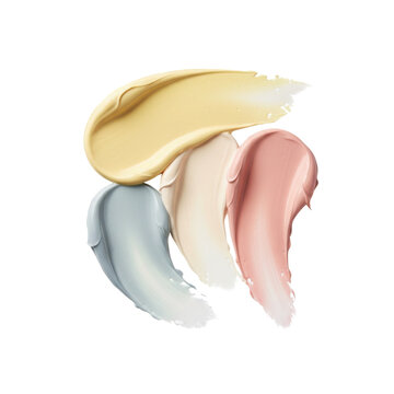 Muestras de crema facial, texturas de maquillaje cosm&eacute;tico, trazos de bases l&iacute;quidas, paleta de colores pastel para belleza y cuidado de la piel