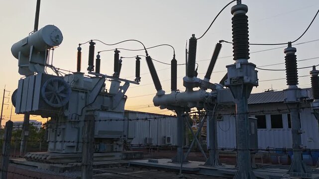 Panning right view of high voltage electrical power transformer connected to circuit breaker switchgear in substation during sunset evening with orange sky.