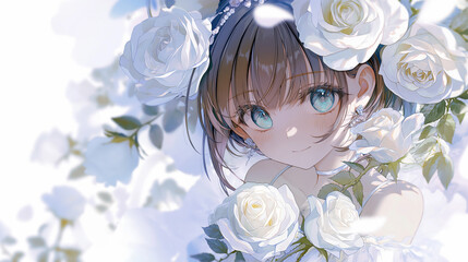 Elegant anime girl surrounded by white roses with soft natural light、白薔薇に囲まれた透明感あふれる美少女ポートレート 高級感のある春の花イラスト