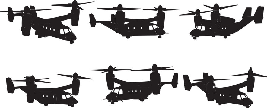 Black Solid Tiltrotor Aircraft Silhouettes Set of Six on White Background