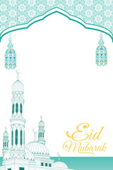 Fototapeta premium Elegant Eid Mubarak vertical background featuring turquoise mosque line art, hanging lanterns, and gold text. Minimalist design with ample copy space for Islamic celebrations