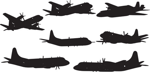 Black Solid Turboprop Maritime Patrol Planes Silhouettes Set of Six on White Background © AADIL