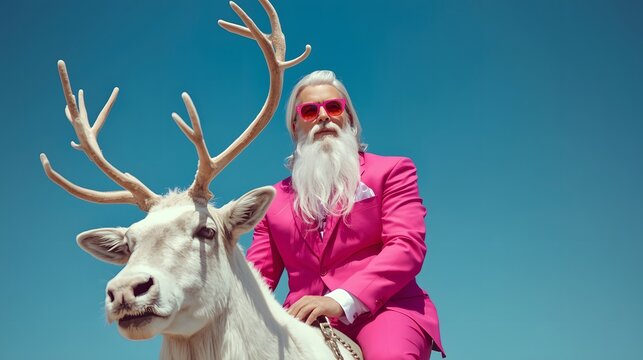 Eccentric stylish senior man in vibrant pink suit riding a deer under blue sky creating a surreal fashion fantasy portrait