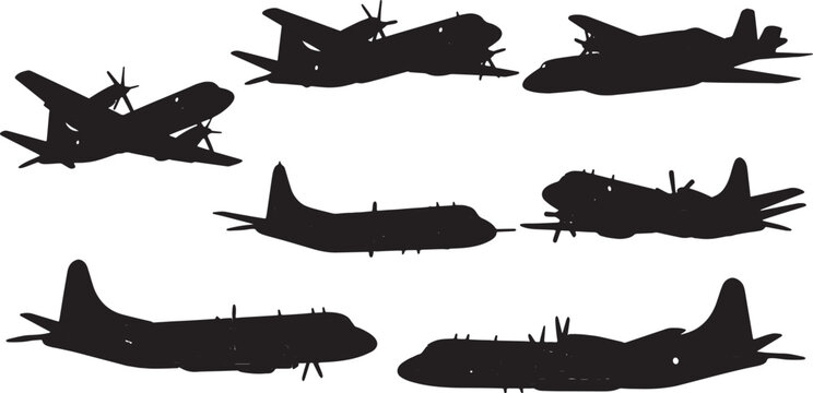 Black Solid Turboprop Maritime Patrol Planes Silhouettes Set of Six on White Background