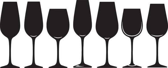 Black Solid Vertical Emphasis Wine Glasses Silhouettes Set of Six on White Background © AADIL