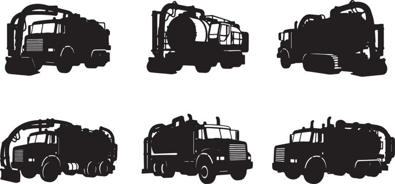 Black Solid Vacuum Excavator Truck Silhouettes Set of Six on White Background