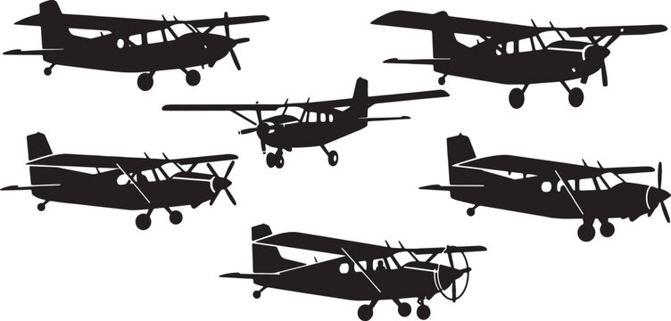 Black Solid Utility Bush Planes Silhouettes Set of Six on White Background